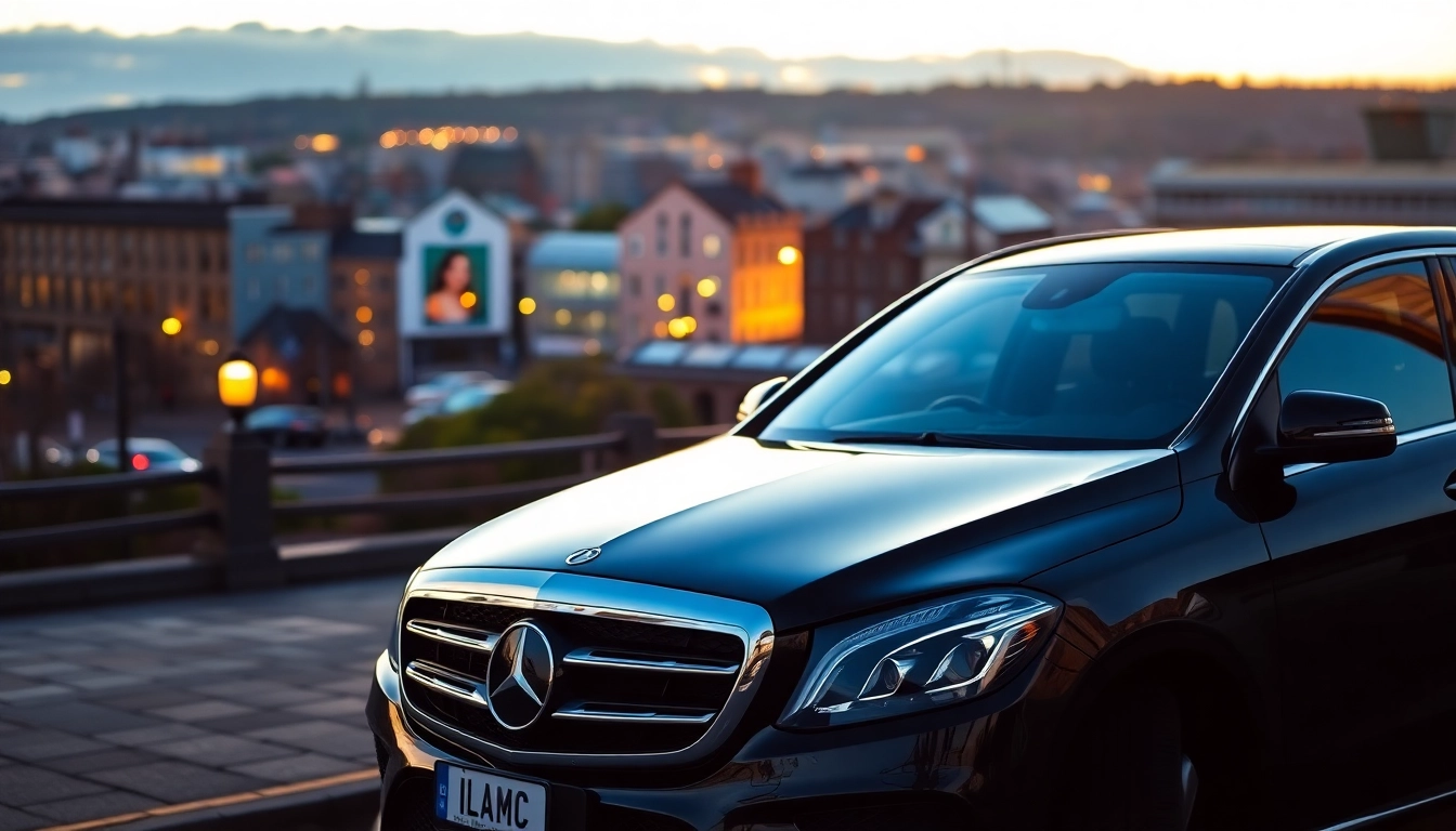 Luxury private car service Glasgow showcasing a sleek Mercedes-Benz parked in a vibrant city setting.