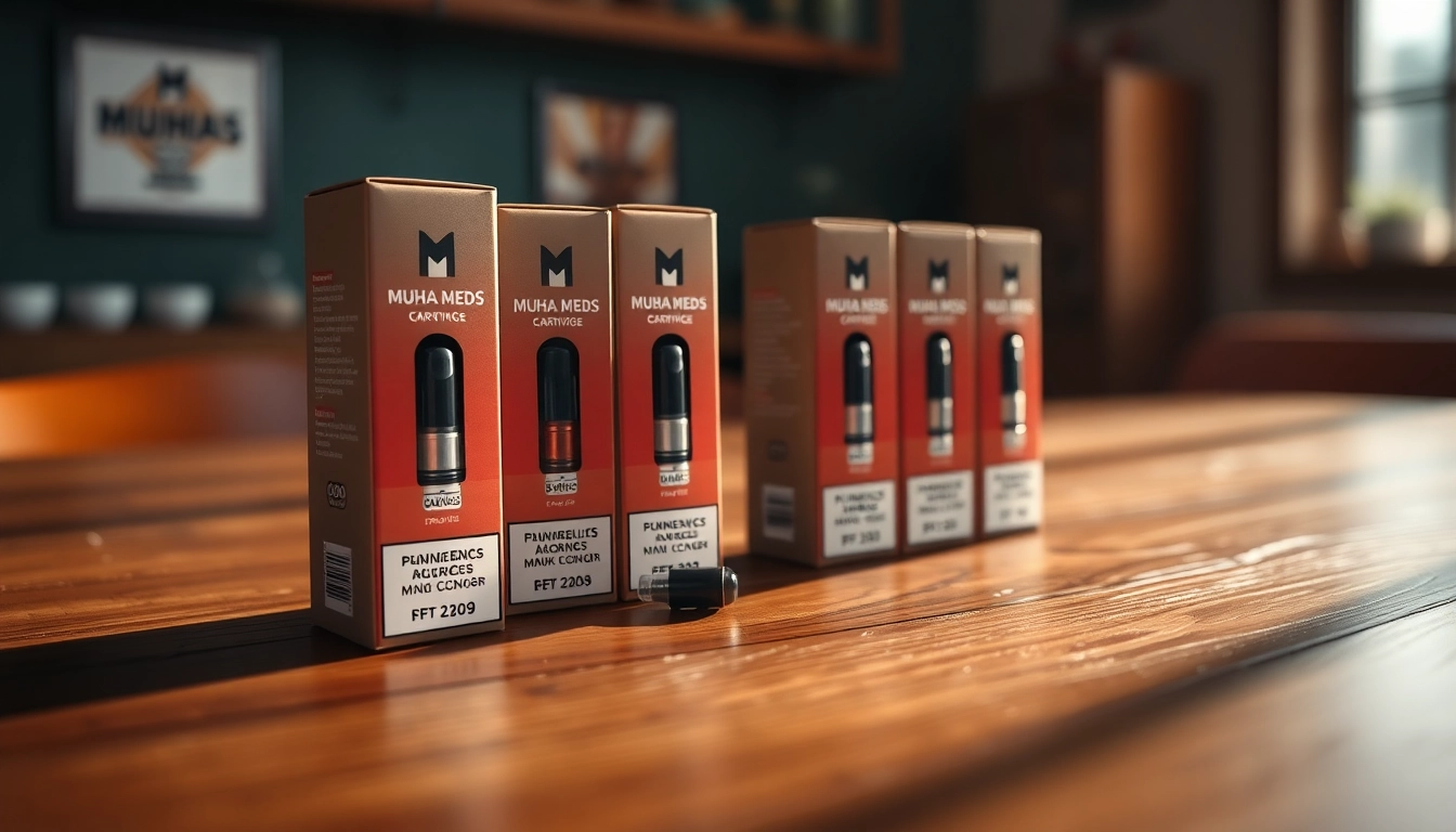 Shop for Muha Meds 2g cartridges near me, showcasing elegant packaging on a wooden table.