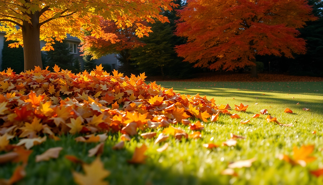 Efficient fall clean up showcasing vibrant leaves being removed from a lush lawn.