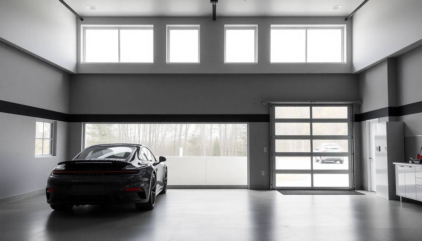 Custom garages designed with modern aesthetics, showcasing spacious interiors and natural light.