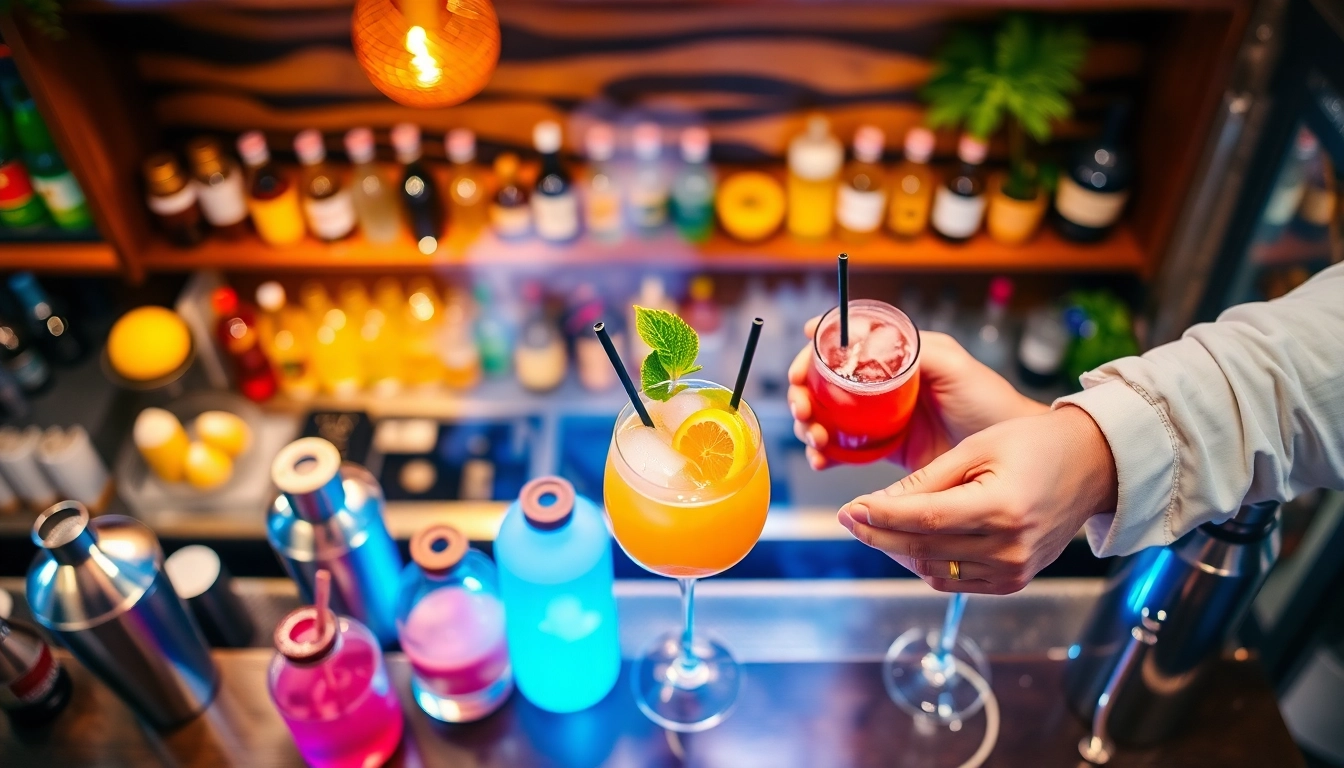 Mixing Cocktails in a lively cocktailkurs session with colorful ingredients and tools