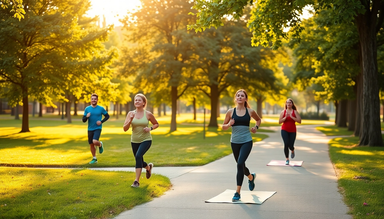 Promote health with people exercising in a vibrant park filled with greenery and flowers.