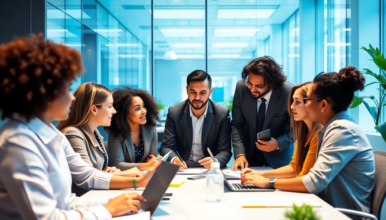 Team collaborating on outsourcing strategies in a modern office setting, illustrating diversity and innovation.