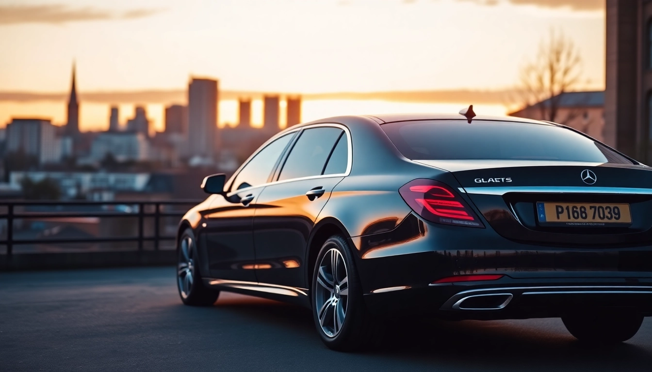 Experience luxury private car service Glasgow with a stylish black sedan against a stunning city skyline.