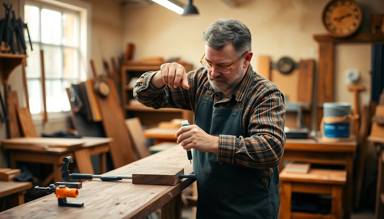 Perform a back bar repair by rejoining wood pieces with clamps and glue in a workshop setting.