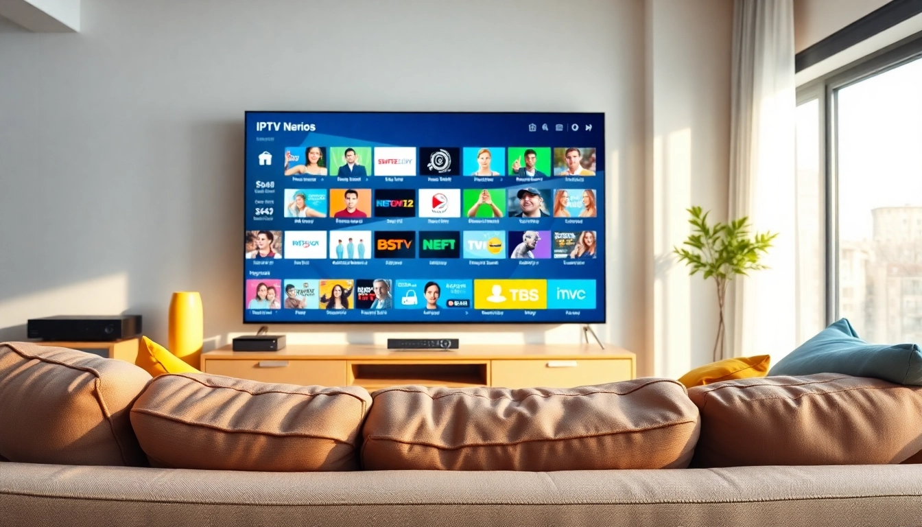 Showcase of a free trial IPTV subscription in a cozy living room with various channels visible on a large screen.