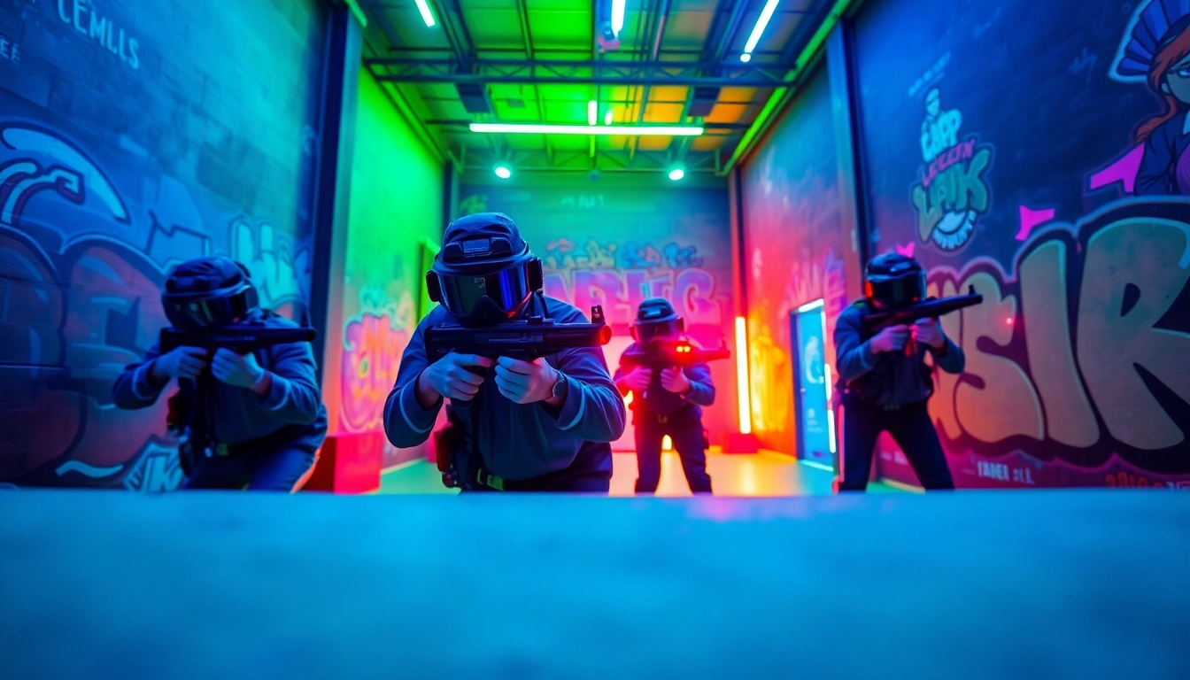 Engaged players in a laser tag match within a colorful arena, showcasing action and excitement.