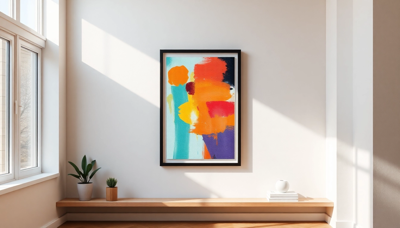 Admire a beautiful 36x48 frame showcasing vibrant artwork in a stylish interior setting.