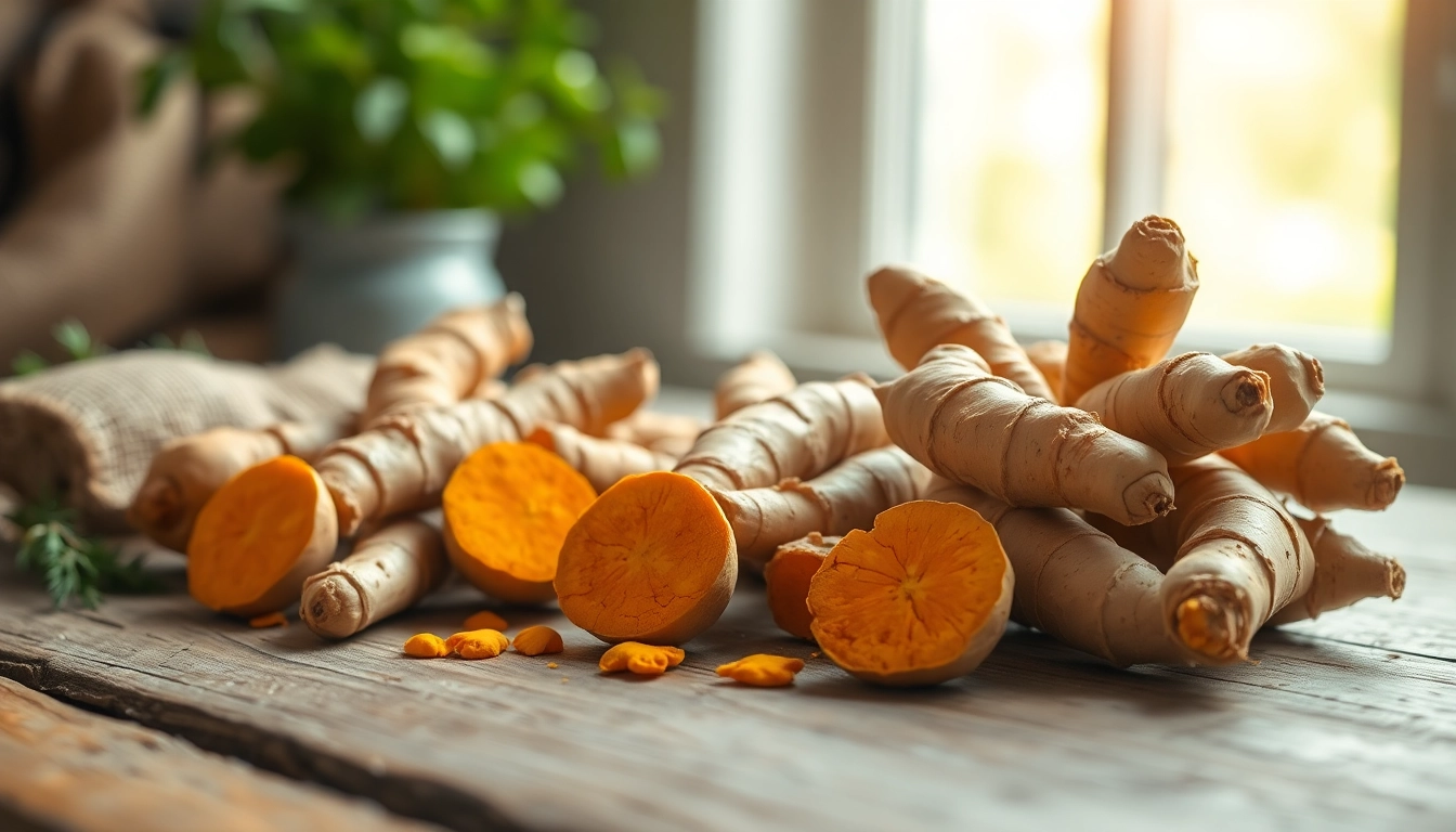 Natural turmeric root displayed on a wooden surface, highlighting its vibrant color and health benefits.