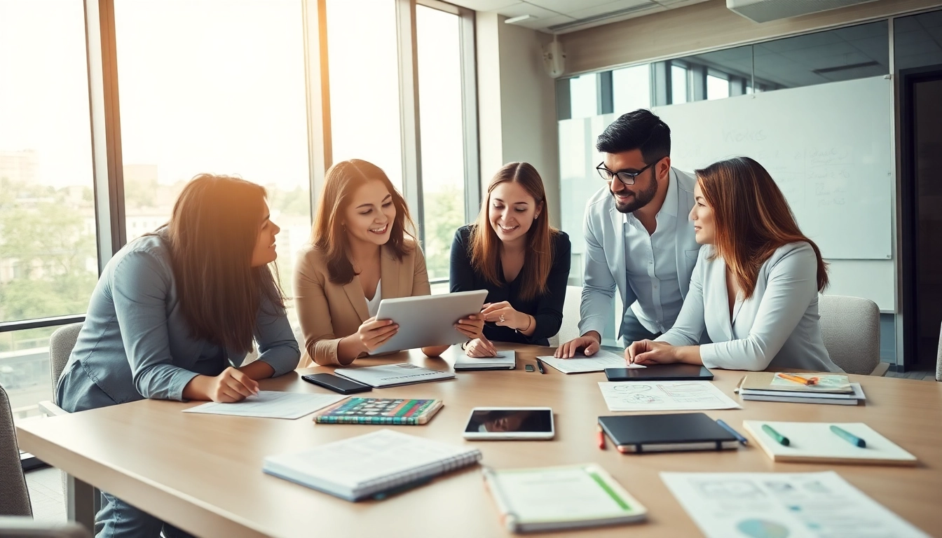 Enhance trade marketing strategies in a dynamic office environment featuring diverse professionals.