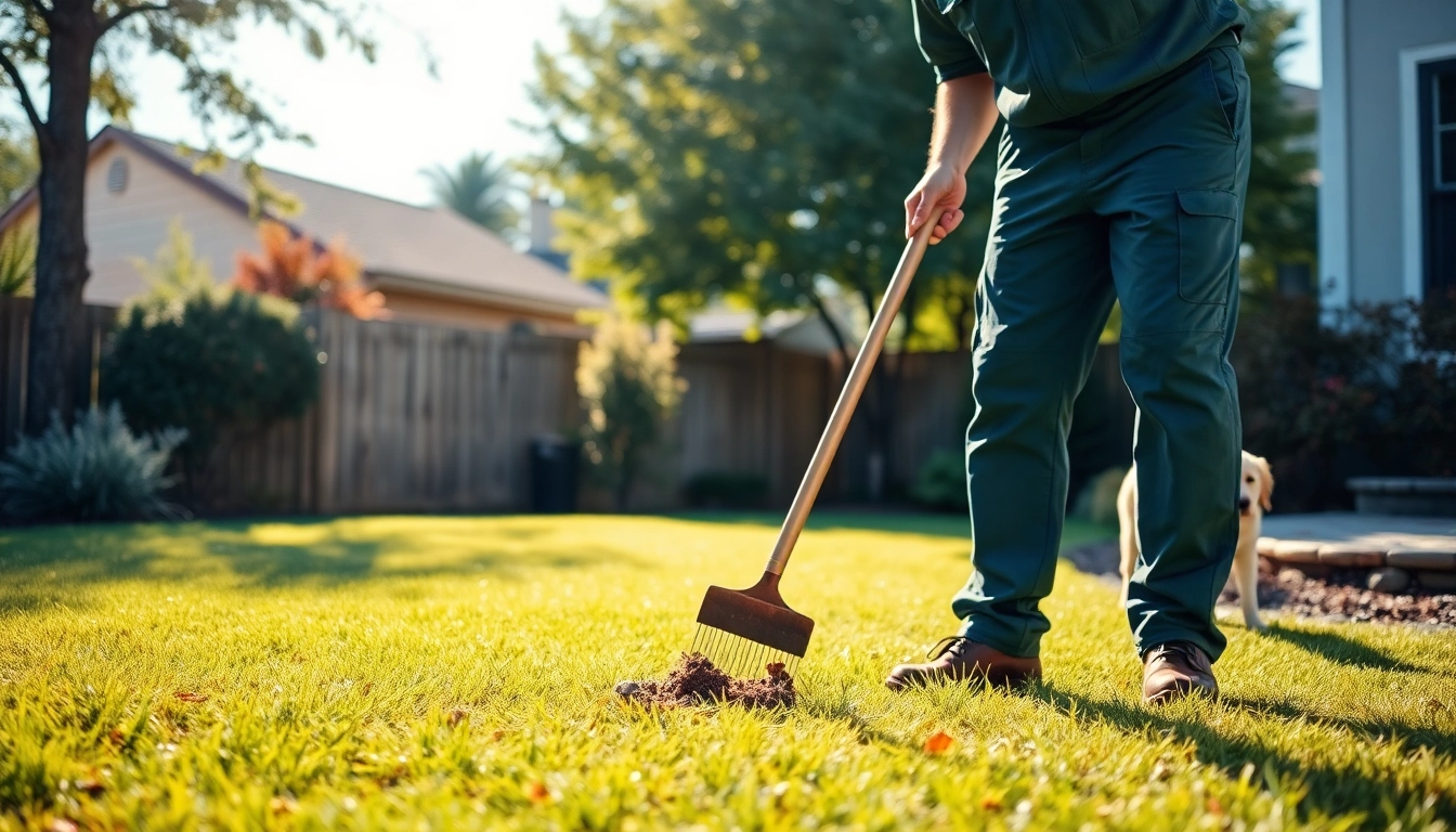 Dog clean up service technician cleaning a backyard, showcasing professionalism and care.
