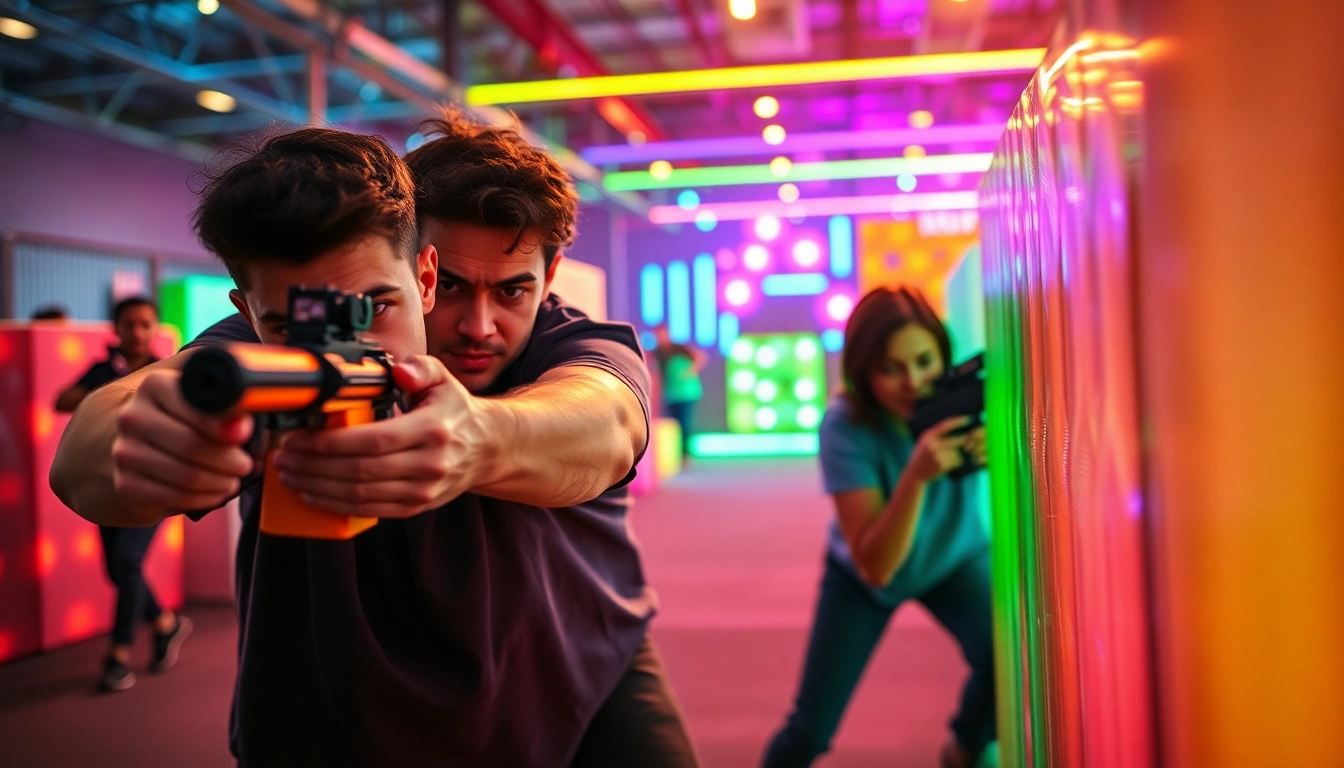 Players engage in an exciting laser tag battle inside a vibrant arena filled with colorful lights.