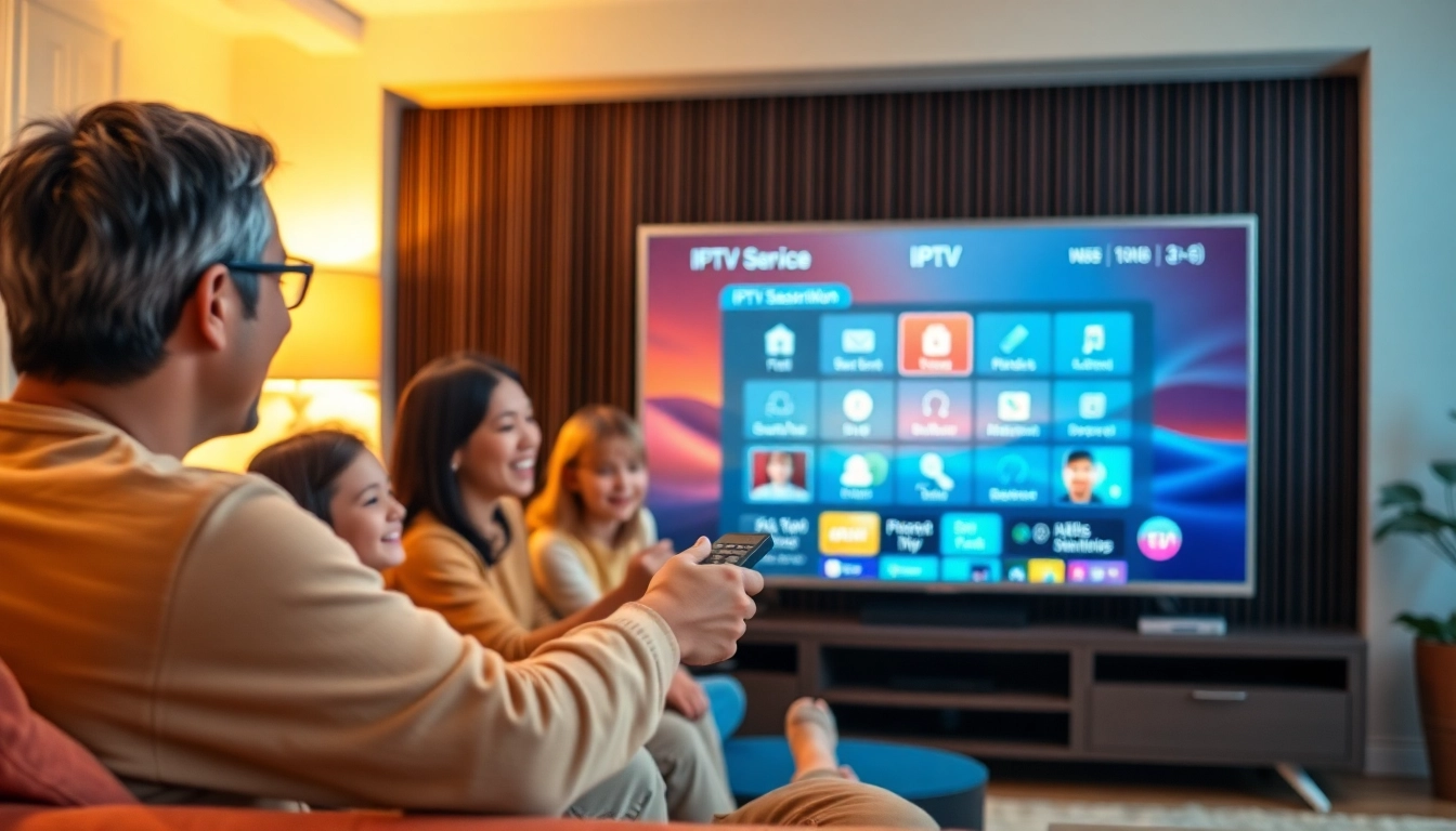 Engaging family enjoying IPTV Subscription USA in a modern living room setting with vibrant ambiance.