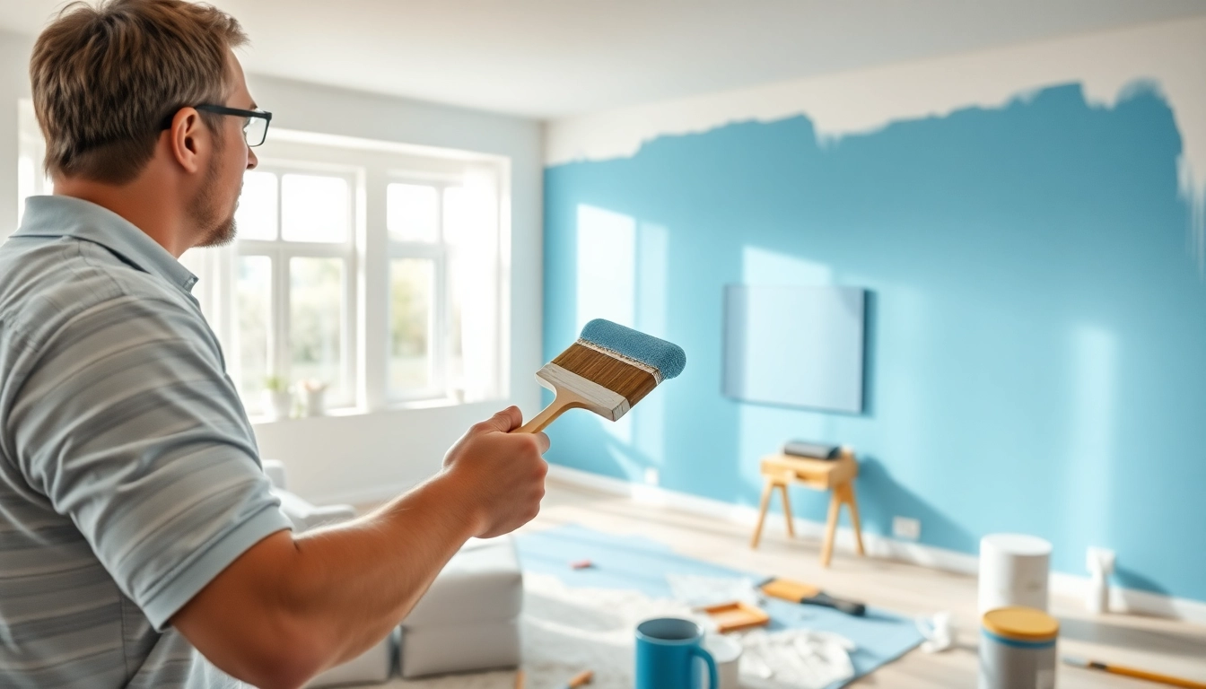 Painter revitalizing a living room with expert interior painting techniques and vibrant blue colors.