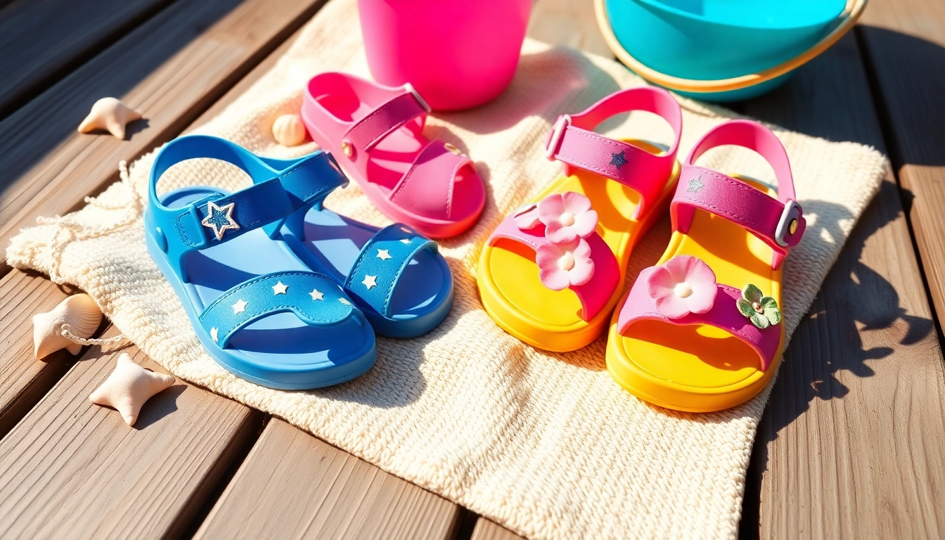 Fehlende Kindersandalen in bunten Farben auf einem Handtuch am Strand.