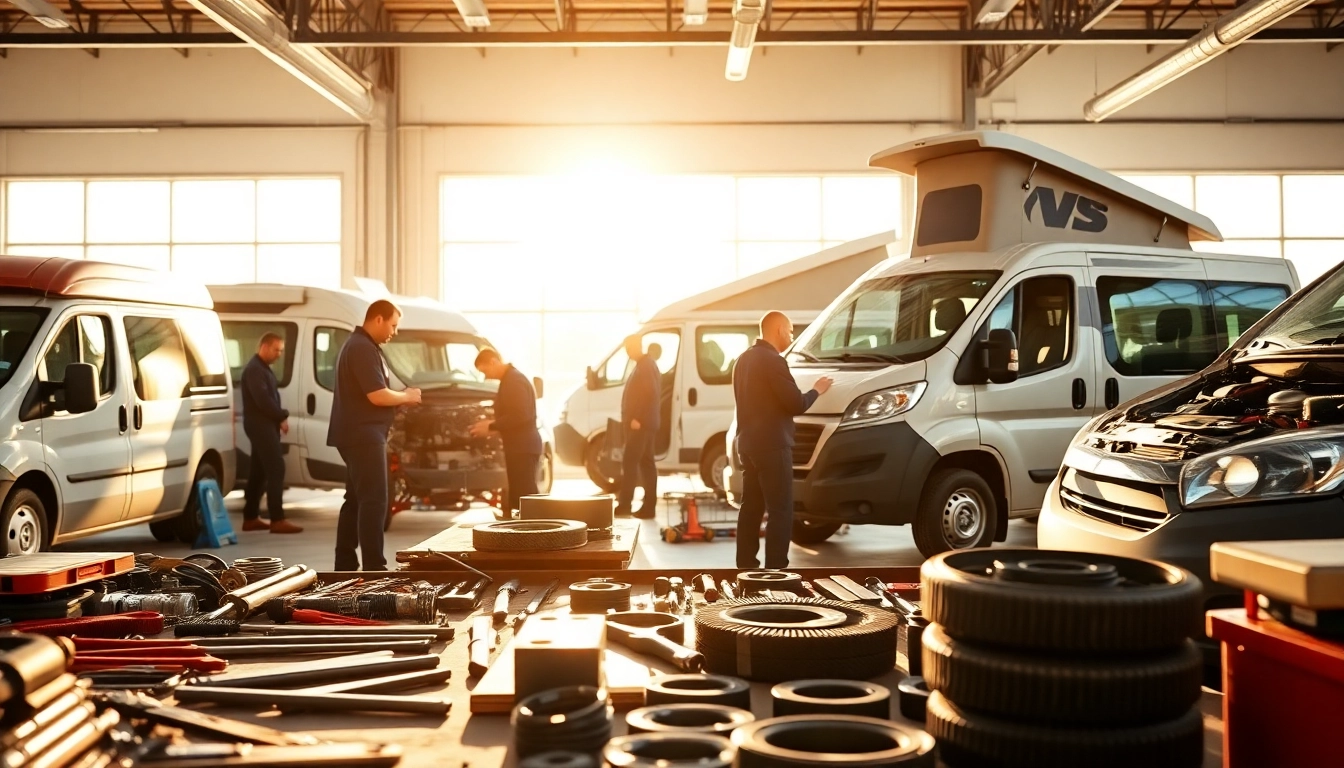 Providing expert camper van repair services in a vibrant workshop with skilled mechanics at work.