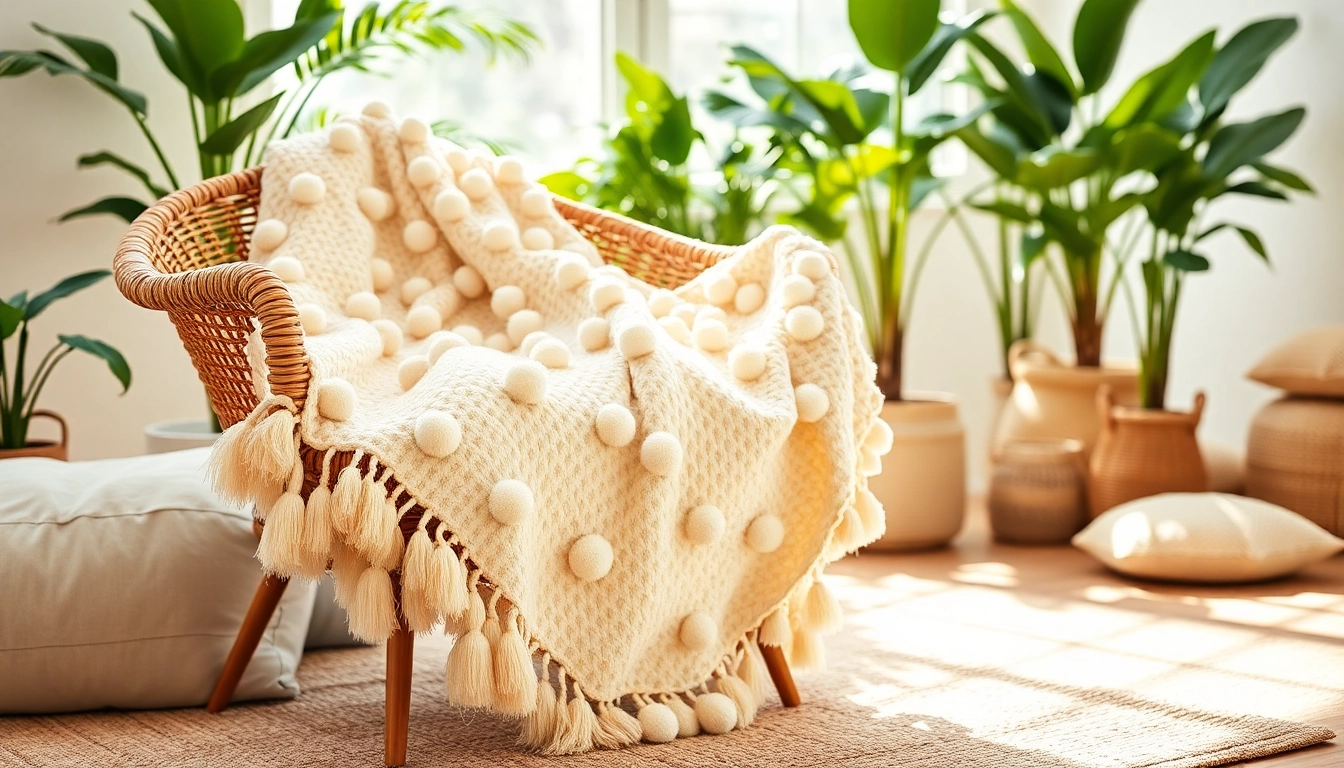 Enhance your decor with Moroccan Cotton Pompom Blankets featuring vibrant pompom accents.