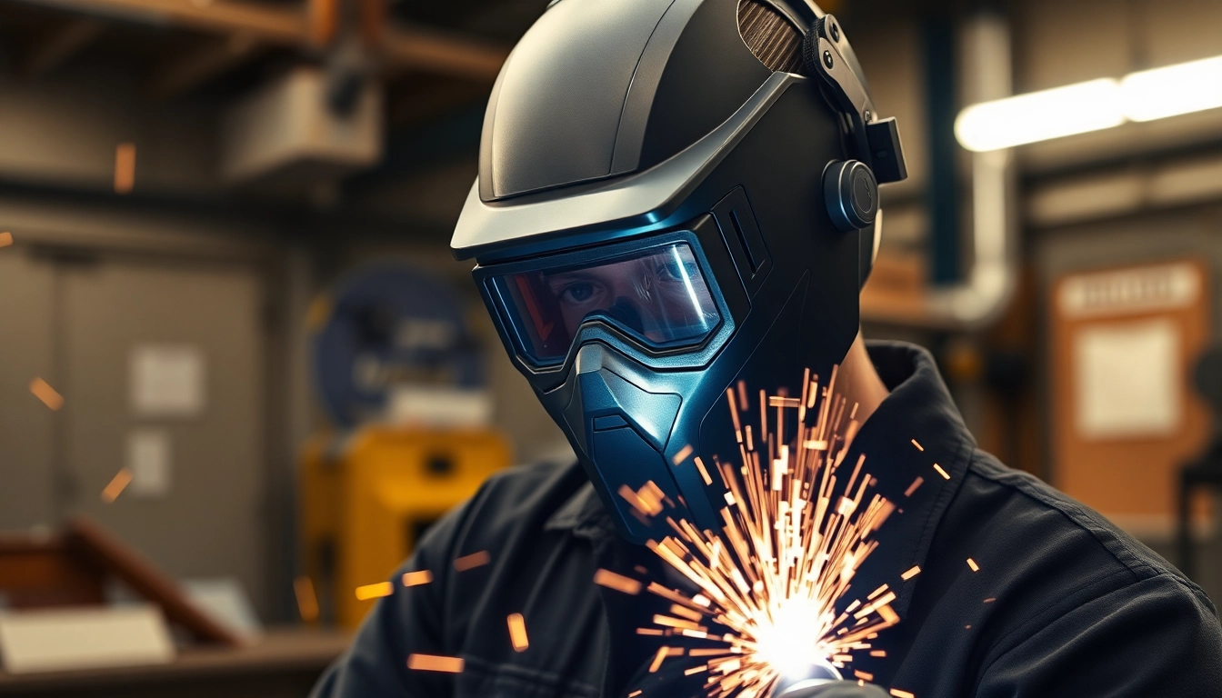 Welder using a welding mask in a dynamic industrial setting with sparks flying.