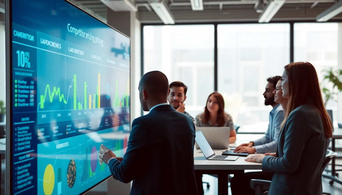 Conducting a competitor pricing analysis among team members at a modern office setting.