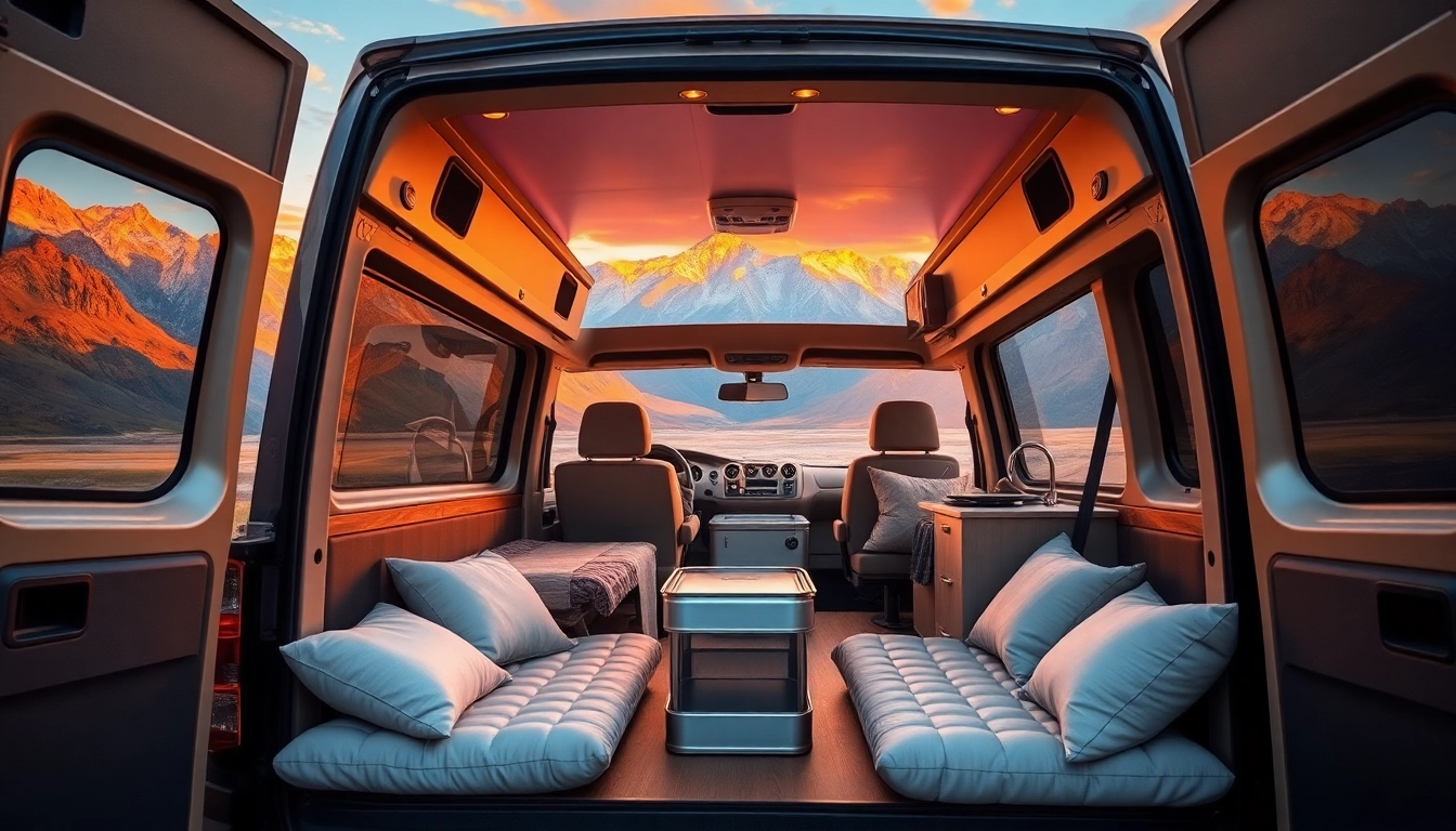 Discover the features of a perfect Van set in a captivating mountain landscape during sunset.