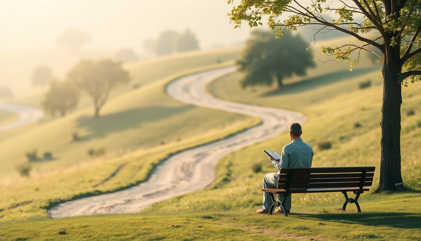 Reflecting on dealing with grief in a serene landscape, with a figure journaling in solitude.