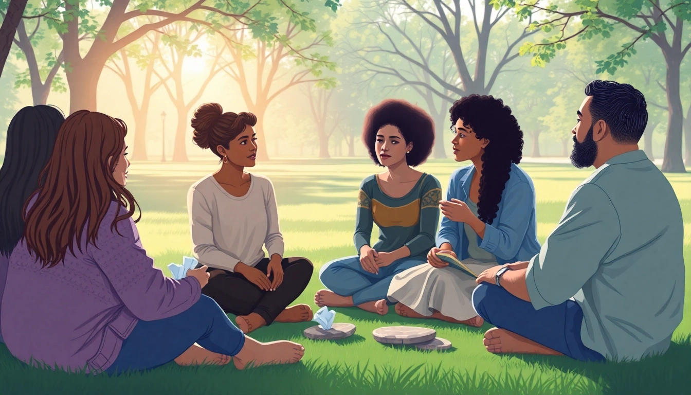Individuals sharing support while dealing with grief during a healing circle outdoors.