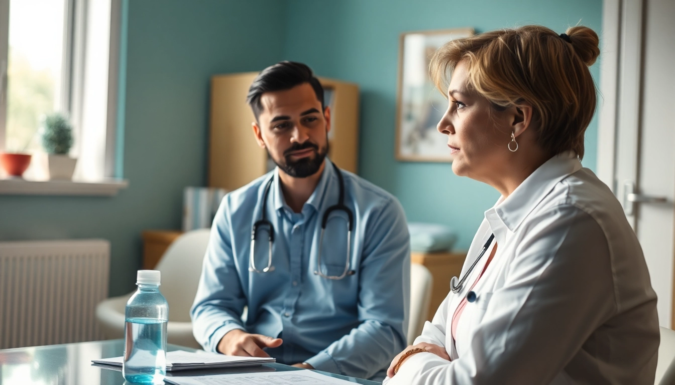 Patient discussing bulimia symptoms with a doctor in a calming, professional setting.