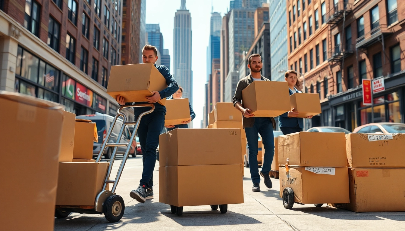 Best movers NYC transporting boxes in a vibrant New York City street with a professional team in action.