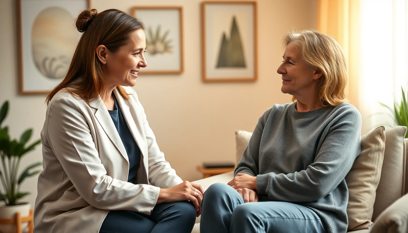 Therapist supporting an individual dealing with grief in a warm, comforting setting.