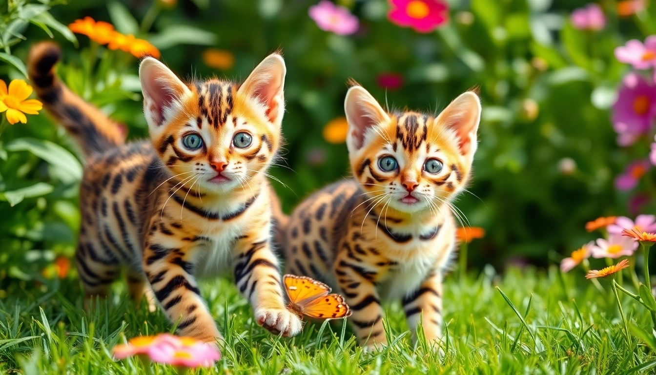 Engaging Bengal Kittens for Sale frolicking in a vibrant garden, showcasing their playful nature.