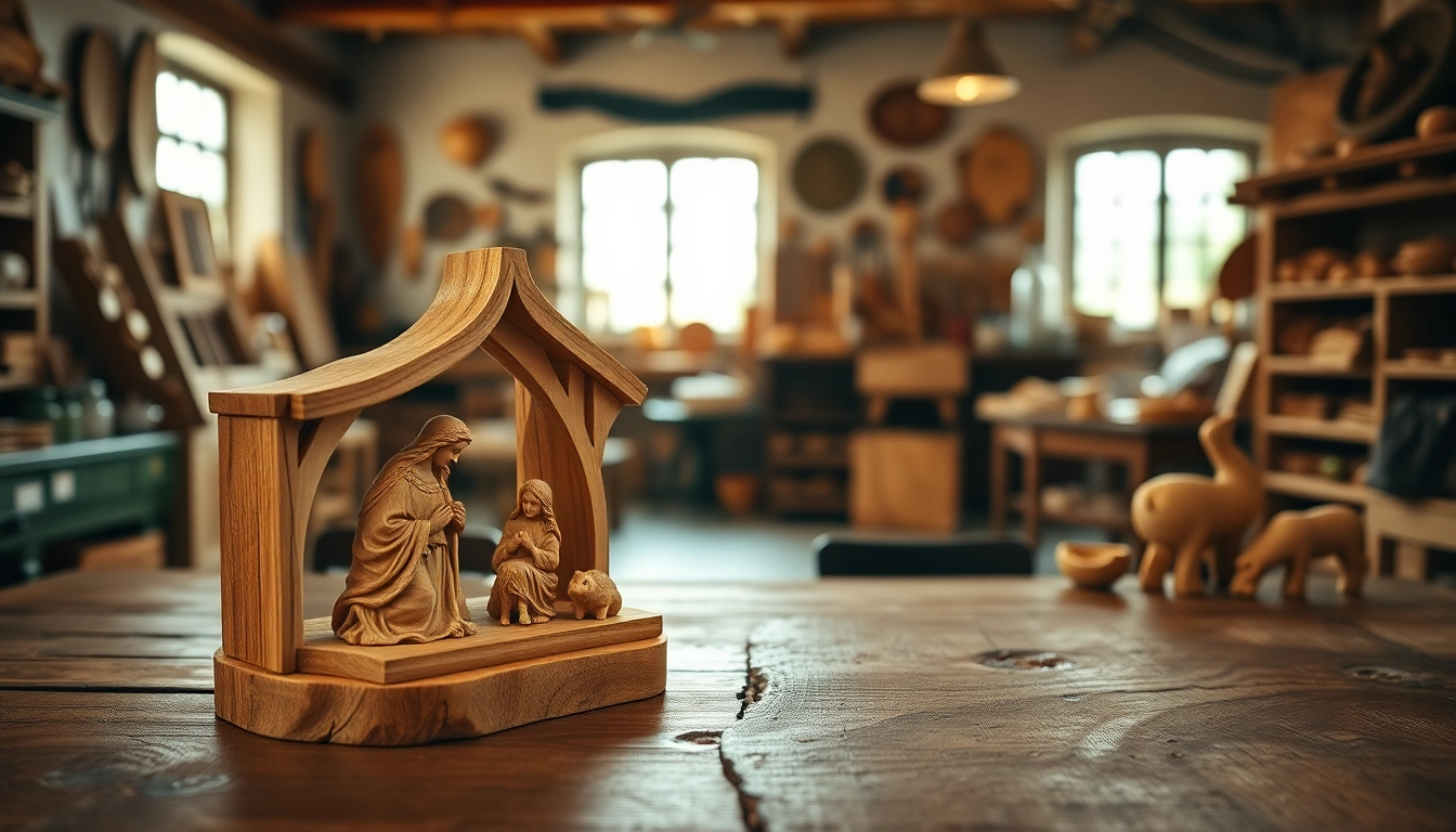 Olive wood carvings showcasing a hand-carved nativity set that highlights exquisite craftsmanship.