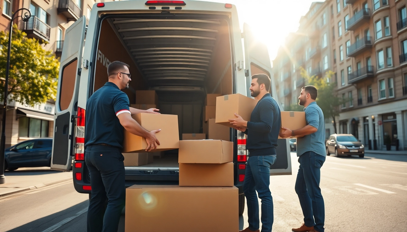 Man and van moving professionals efficiently loading a truck with boxes in a busy urban setting.