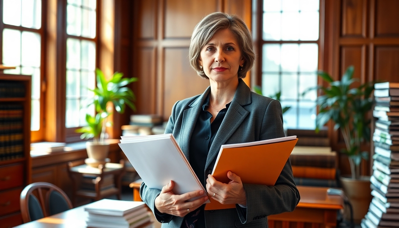 Environmental lawyer presenting a case in a courtroom filled with legal documents and books.