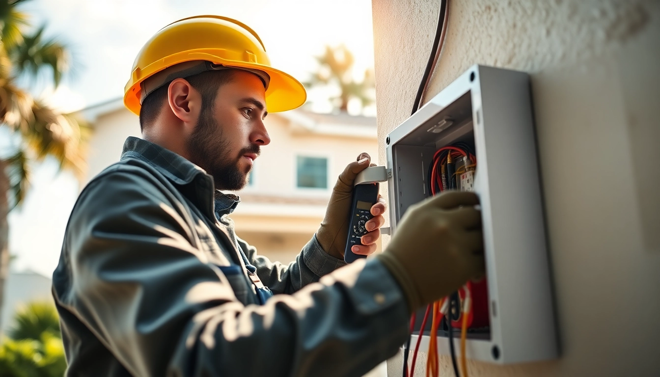 Electrical Contractor Clearwater inspecting circuit box outdoors with professional tools.