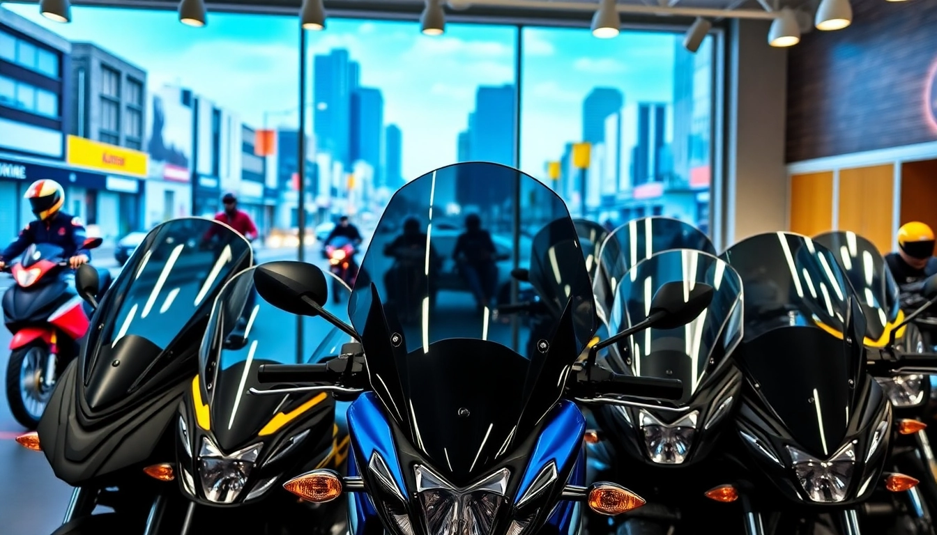 Showcase of motorcycle windshields highlighting various styles and clarity in a vibrant showroom setting.