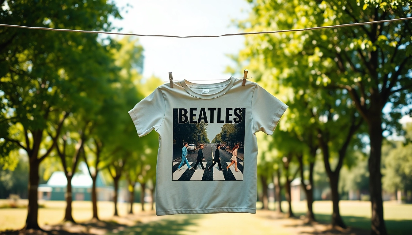 Display a Beatles Abbey Road shirt hanging outdoors, celebrating vintage music culture.