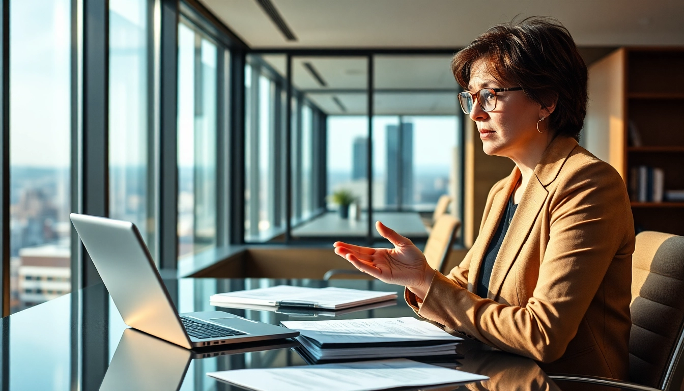 Engaged environmental lawyer consulting with clients in a bright office.