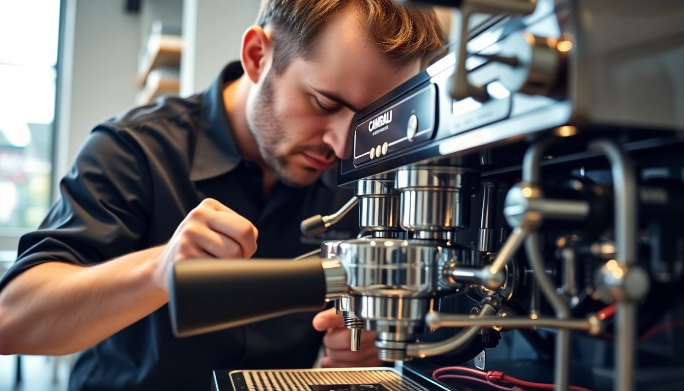 Technician performing Cimbali teknik servis on an espresso machine, highlighting expert repair skills.