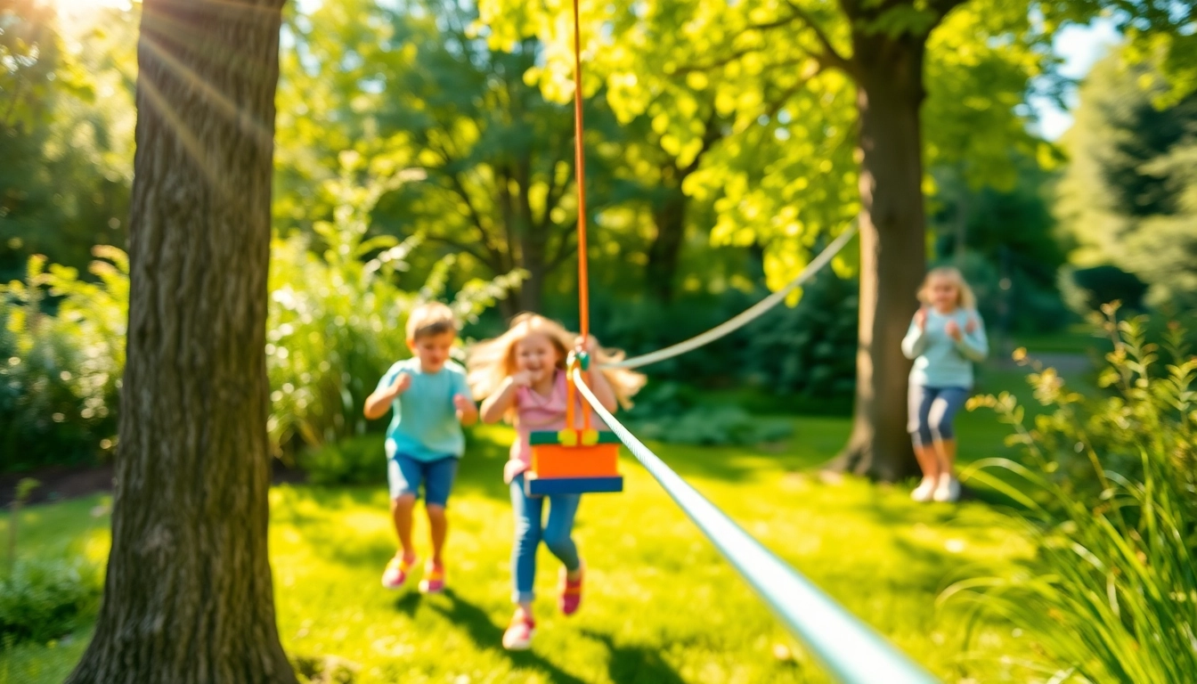 Children enjoying a GARDEN ZIP WIRE KIT in a vibrant backyard setting.