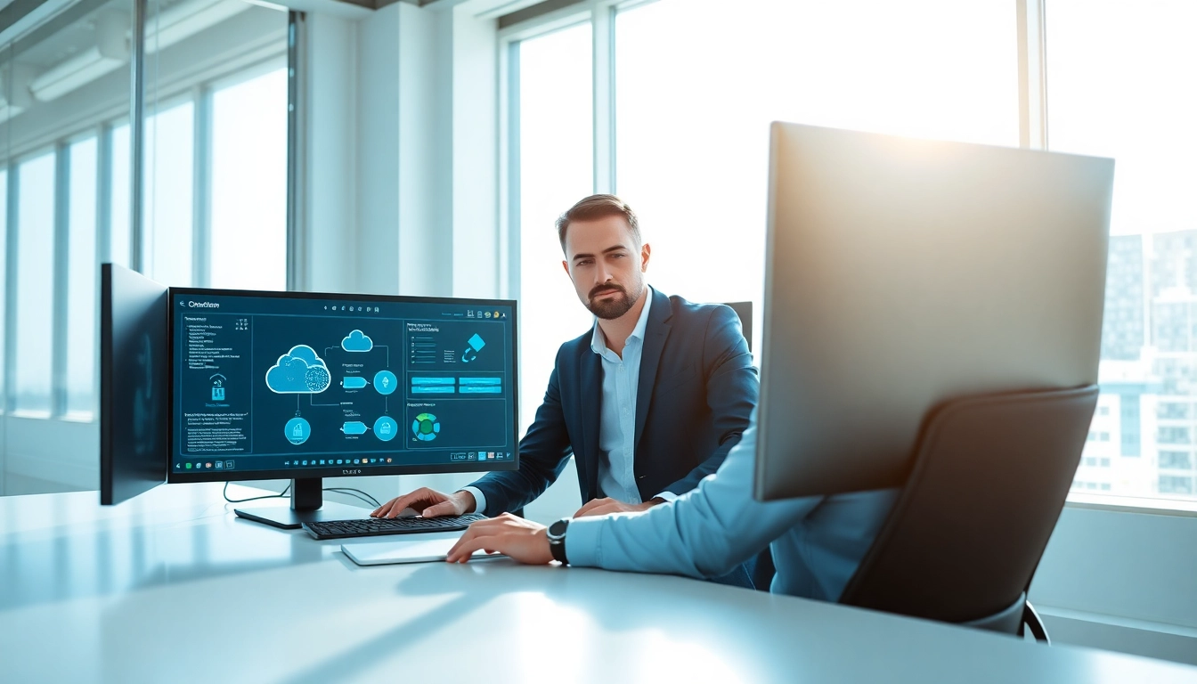 Begeleiding bij Cloud migratie van digitale assets door een IT-consultant in een moderne kantooromgeving.