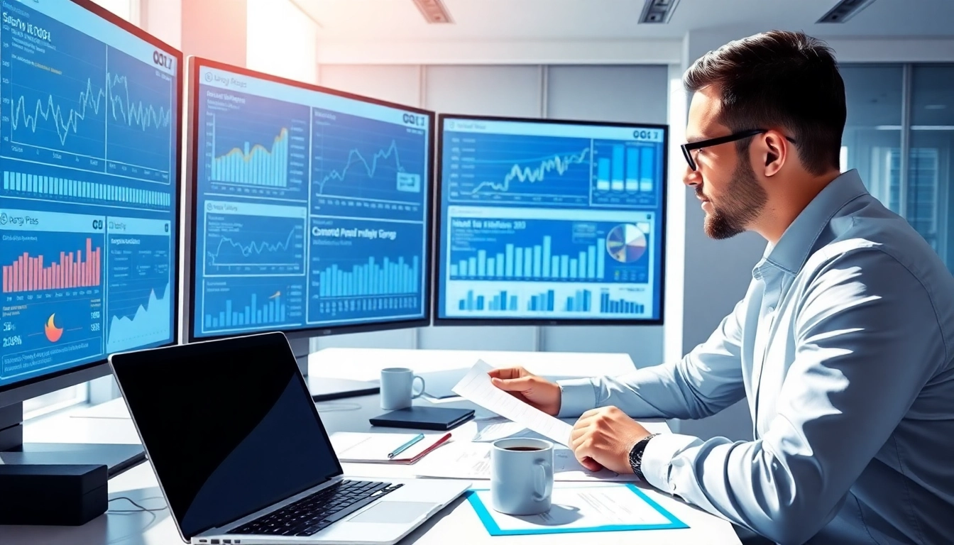 Analyze competitive intelligence data with a professional in a modern office environment.