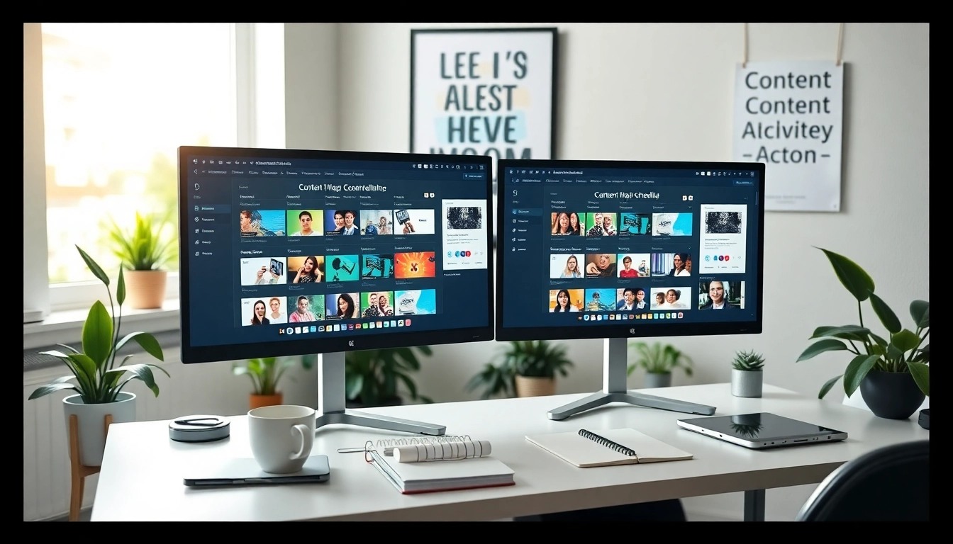 Visualize Social media and blog automation tools in action on a modern workstation