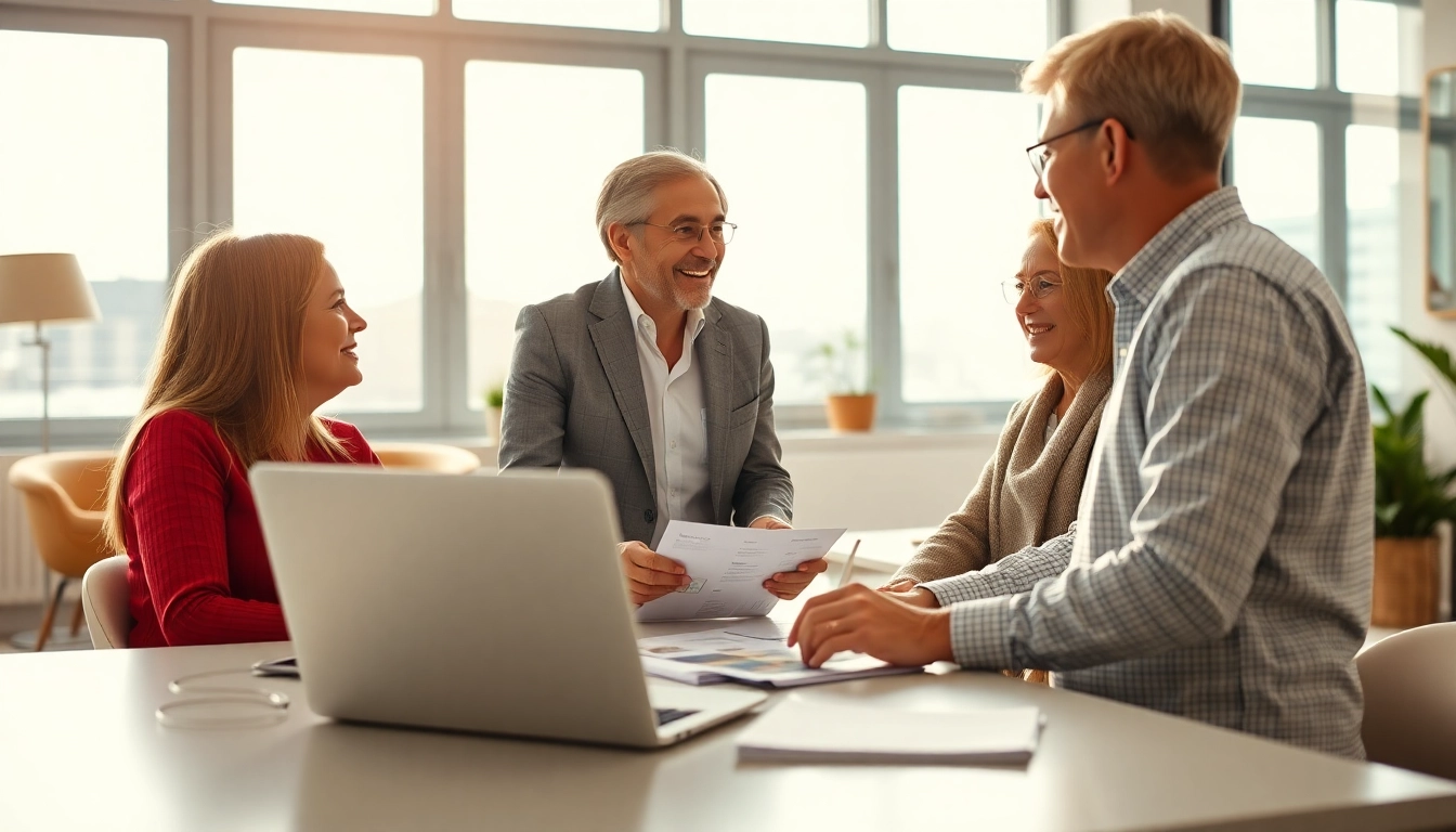 Engaging realtor discussing how to buy my property fast with homeowners in a bright office.