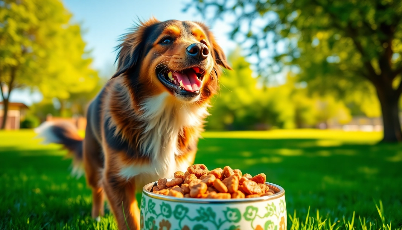 A happy dog savoring badlands ranch dog food in a lush green outdoor setting.