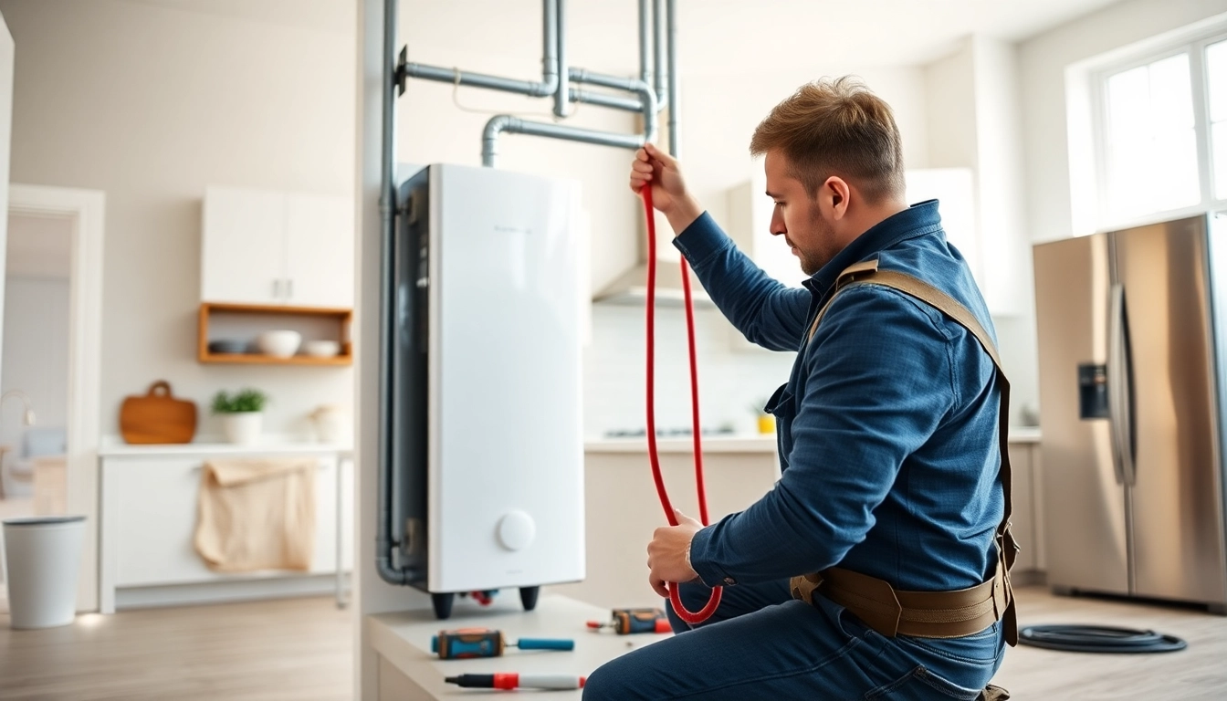 Expert water heater installation raleigh showcasing a technician working in a modern kitchen.