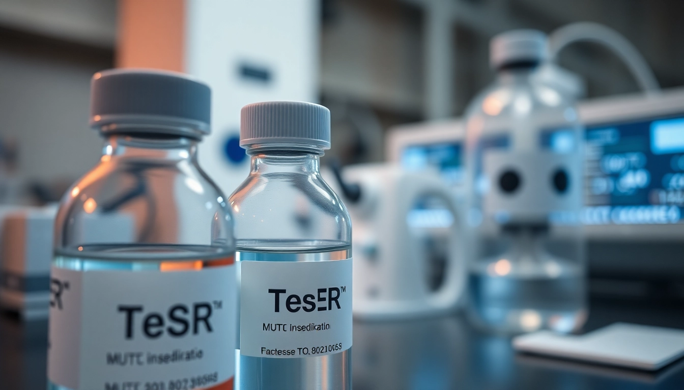 View all check TeSR™ culture media bottles showcasing precision and quality in a lab.