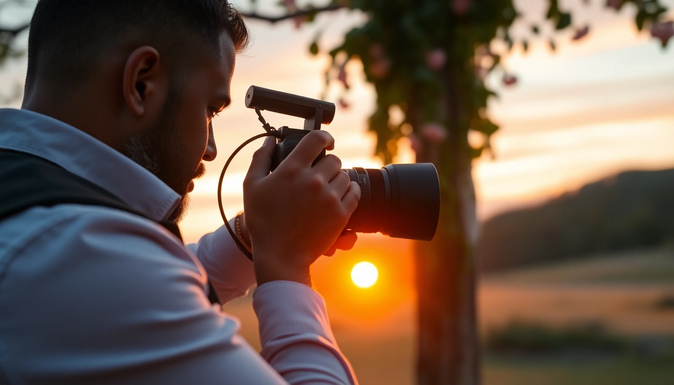 Edmonton videographer capturing a wedding scene in a beautiful sunset setting.