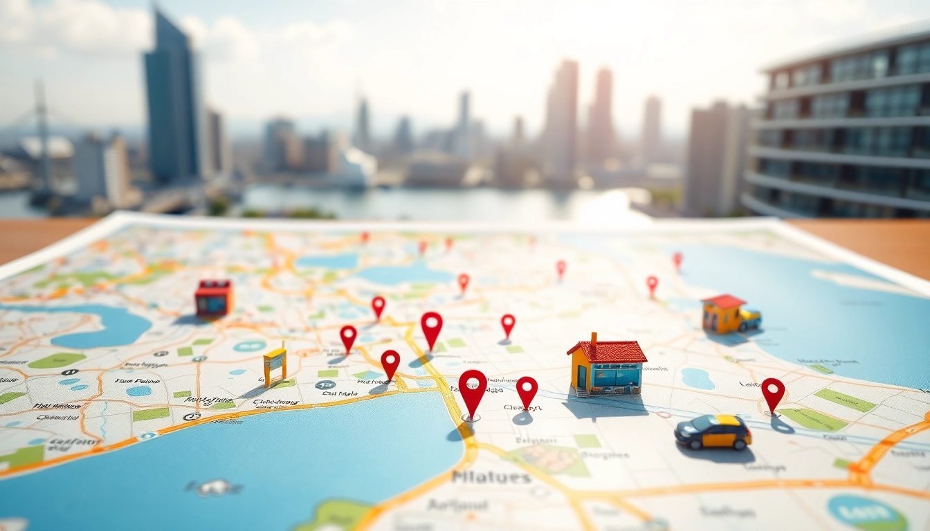 Explore various Locations represented in a detailed map featuring colorful icons and a vibrant city skyline.