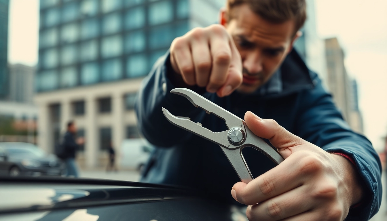 Expert helping with keys locked in car, demonstrating a locksmith service in action.