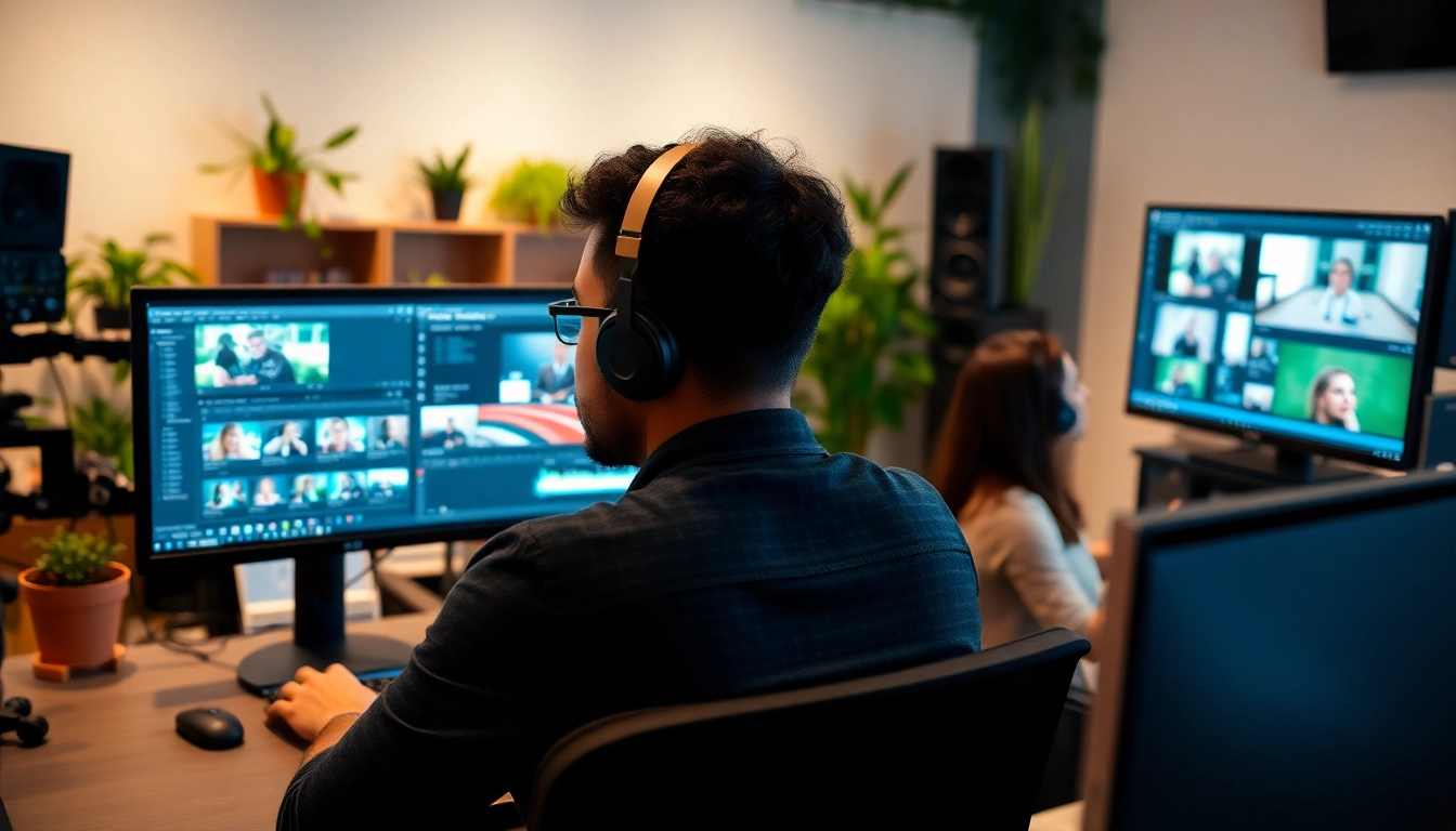Editors engaging in editing & post-production while collaborating in a creative workspace.
